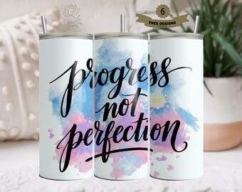May include: Three white stainless steel tumblers with lids and straws. Each tumbler features the phrase "progress not perfection" in black script over a watercolor design in blue, pink, and purple.