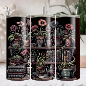 Books, Plants & Coffee Lover Bookshelves Crazy Plant Life Librarian Tumbler Wrap 20 oz Skinny Tumbler Sublimation Digital PNG Design