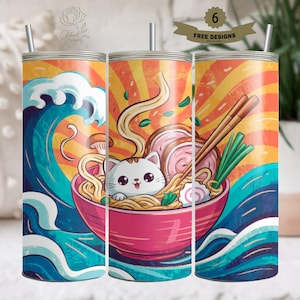 Sublimation Designs for Tumbler Cat Mom, Kawaii Ramen Kitty 20oz Skinny Tumbler Wrap, Japanese Wave PNG, Girly Cute Pet Lover Design