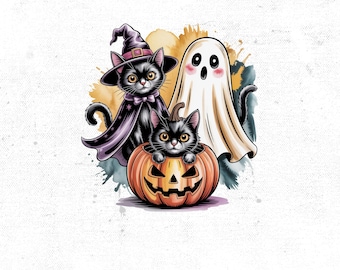 Könnte beinhalten: Eine Halloween-Illustration mit einer schwarzen Katze mit Hexenhut und Umhang, einer Katze in einem geschnitzten Kürbis und einem Geist. Das Kunstwerk verwendet Aquarell-Spritzer vor einem weißen Hintergrund, wodurch eine festliche Szene entsteht.