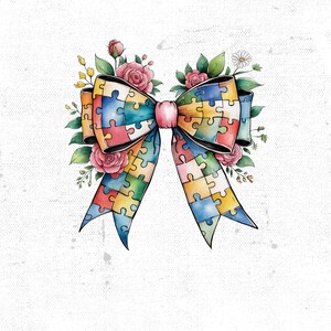 May include: A colorful bow featuring a puzzle piece design, surrounded by pink roses, green leaves, and small white flowers. The bow has a pink center and is set against a white background.