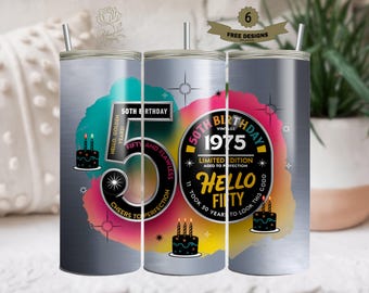 Envoltorios para vasos con la frase "Feliz 50 cumpleaños", 50 y fabulosos png para vasos, diseño delgado de 20 oz, plantilla de sublimación
