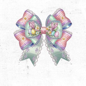 May include: A pastel pink and green bow with a lace trim and Easter egg and bunny accents.