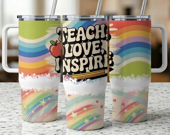Envoltura para vaso de 40 oz "Teach Love Inspire", vaso de 40 oz "Regreso a clases", regalo de agradecimiento para maestros, envoltura para vaso "Apple Pencil" arcoíris, maestro