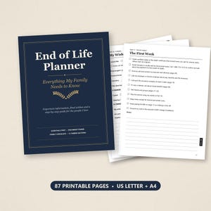 May include: A dark blue End of Life Planner with gold text and a laurel graphic. The cover reads Everything My Family Needs to Know, Essentials First, Document Finder, Family Checklists, and 12 Tabbed Sections. Includes 87 printable pages.