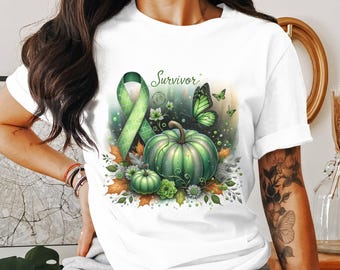 Sublimationsdesign mit Schleife für Leberkrebsüberlebende, grüner Kürbis-Schmetterling als Symbol für Überlebende, digitales T-Shirt-Design (PNG-Datei)