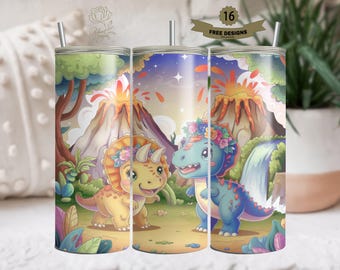 Vaso de dinosaurio de 20 oz con diseño PNG de sublimación, adorable dinosaurio de dibujos animados con volcanes, arte para bebidas infantiles, descarga digital
