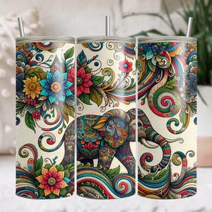 Embroidered Elephant 20 oz Skinny Tumbler Sublimation Design Digital Download PNG DIGITAL ONLY, Embroidery Mandala Elephant Tumbler Wrap