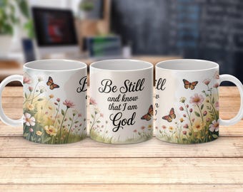 Quédense quietos y sepan que yo soy Dios Taza de sublimación de 11 oz y 15 oz Diseño floral PNG con mariposas y cita Salmo 46 10