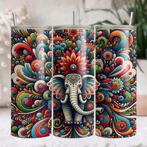 Embroidered Elephant 20 oz Skinny Tumbler Sublimation Design Digital Download PNG DIGITAL ONLY, Embroidery Mandala Elephant Tumbler Wrap