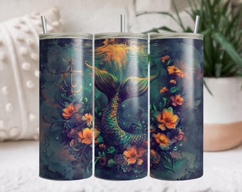 Envoltura de vaso de sirena, diseño de vaso de sublimación flaco de 20 oz, diseño de sublimación de sirena, descargas PNG de vaso oceánico submarino de acuarela