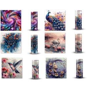 Colorful Art Prints and Tumblers Set, Peacock, Swans, Dreamcatcher, Floral Designs