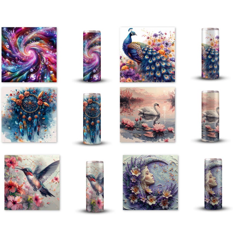 Colorful Art Prints and Tumblers Set, Peacock, Swans, Dreamcatcher, Floral Designs