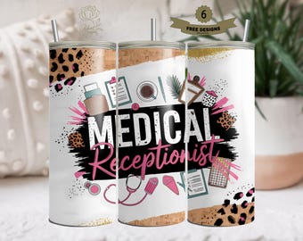 Vaso delgado de 20 oz para recepcionista médica, diseño de envoltura médica por sublimación para vaso recto, PNG, digital
