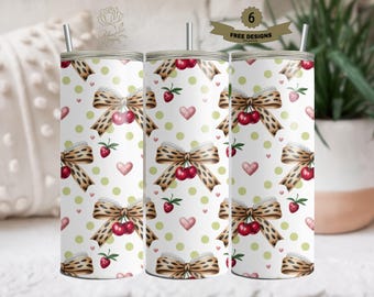 Envoltura para vaso de cereza y guepardo, diseño de sublimación para vaso delgado de 20 oz con estampado de leopardo, descarga digital PNG de cereza sin costuras