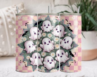 Retro Halloween Tumbler Wrap PNG, Sublimación de vaso delgado de 20 oz, Lindo vaso fantasma PNG, Vaso de temporada espeluznante, Halloween pastel