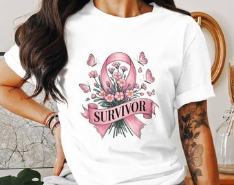 Survivor Pink Ribbon Floral Digital Sublimation PNG, Cancer Awareness T-shirt Design, Breast Cancer Support Graphic, Inspirational T-shirt