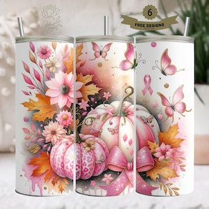 Pink Pumpkin Ribbon Awareness Breast Cancer Survivor Tumbler Wrap 20 oz Skinny Tumbler Sublimation Design Digital Download PNG Instant