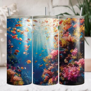 20oz tumbler sublimation PNG vibrant coral reef underwater scene, colorful ocean life Illustration, marine theme design