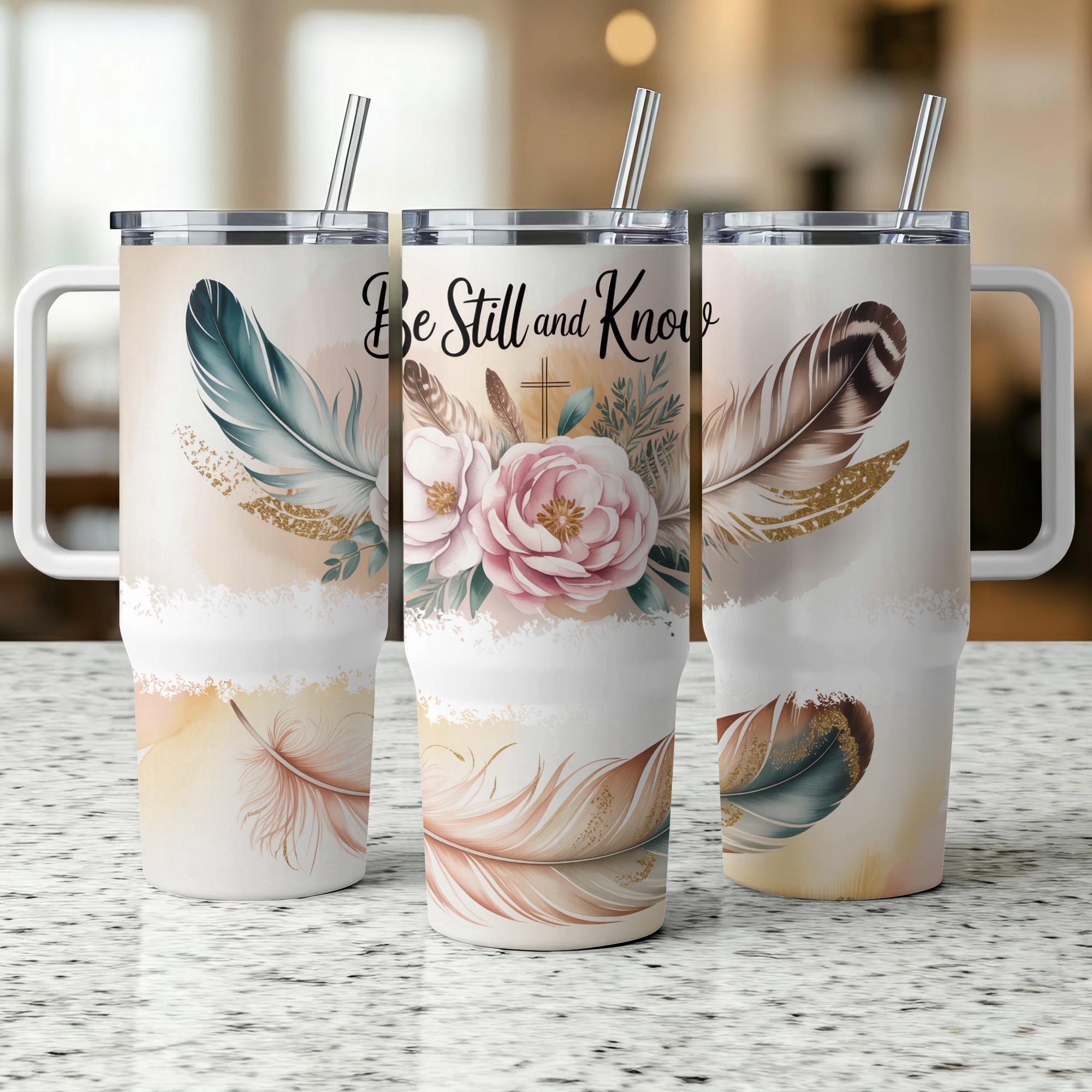 Pastel Flower Wrap for 40oz Tumbler, Boho Floral PNG Tumbler Design, Feather Sublimation Designs Downloads for 40 oz Tumbler