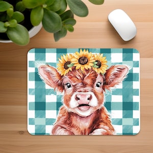 Highland Cow Mouse Pad Sublimation Design, Cute Mousepad PNG, Baby Cow with Sunflower Sublimation File Digital Download