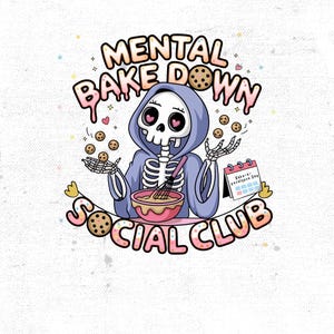 Club social PNG con un horno mental, diseño de sublimación de esqueleto kawaii para cocinar, descarga digital de camiseta de chef bruja y cocinero con calavera para hornear