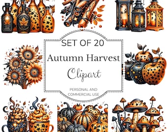 Colección de imágenes prediseñadas de la cosecha de otoño, conjunto de imágenes prediseñadas de la cosecha de otoño, descarga digital instantánea, manualidades de papel digitales, conjunto de imágenes prediseñadas de 20 PNG para uso comercial