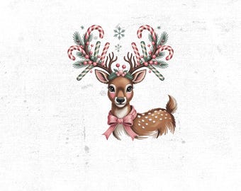 Christmas Deer Sublimation PNG, Candy Cane Antlers, Holiday T-Shirt Design, Cute Deer PNG, Festive Graphic, Printable Artwork