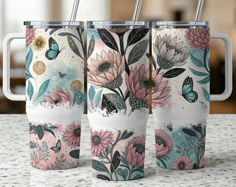 Plantilla de sublimación para vaso de 40 oz con diseño floral de protea, ideal para amantes de las plantas, con diseño digital de cactus y flores.