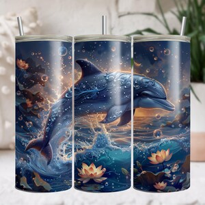 Dolphin Floral Art 20oz Tumbler Sublimation PNG, Ocean Themed Tumbler PNG, Watercolor Dolphin 20oz Tumbler Design, Underwater Lotus Pattern