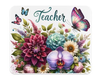 Diseño floral digital para maestros PNG, ilustración de mariposas y flores, descarga digital, diseño de sublimación para alfombrilla de ratón para maestros