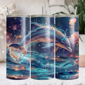 Sublimación de vaso de 20 oz con diseño de delfín PNG, envoltura de vaso con temática oceánica, acuarelas vibrantes, impresión de vaso con delfín, descarga digital