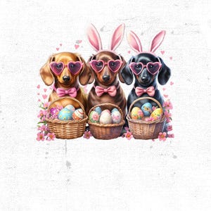 May include: Three dachshund dogs wearing pink bunny ears and heart-shaped sunglasses, each holding a basket of colorful Easter eggs.