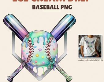 May include: A digital graphic design featuring a baseball with a pastel iridescent drip effect and small colorful stars, positioned over two crossed baseball bats and a home plate shape. The text reads ICE CREAM DRIP BASEBALL PNG.
