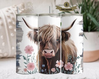 Highland Cow with Flowers 20 oz Tumbler Sublimation PNG, Cow Tumbler Design, Floral Cow Sublimation, Farmhouse Tumbler PNG