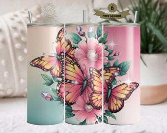Butterfly Floral Design, Butterfly Sublimation Print, Floral PNG, 20oz Tumbler Design, Digital Download for Crafting