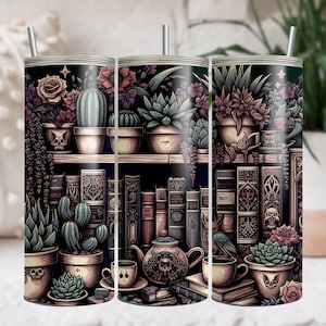 Books, Plants & Coffee Lover Bookshelves Crazy Plant Life Librarian Tumbler Wrap 20 oz Skinny Tumbler Sublimation Digital PNG Design