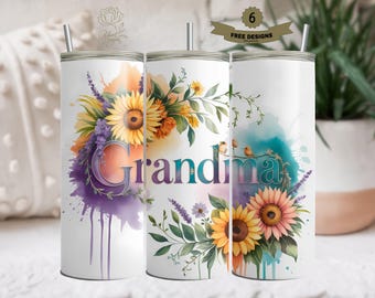 Grandma 20 oz Skinny Tumbler sublimation design, Flowers butterfly Watercolor floral digital PNG Straight tumbler wrap download