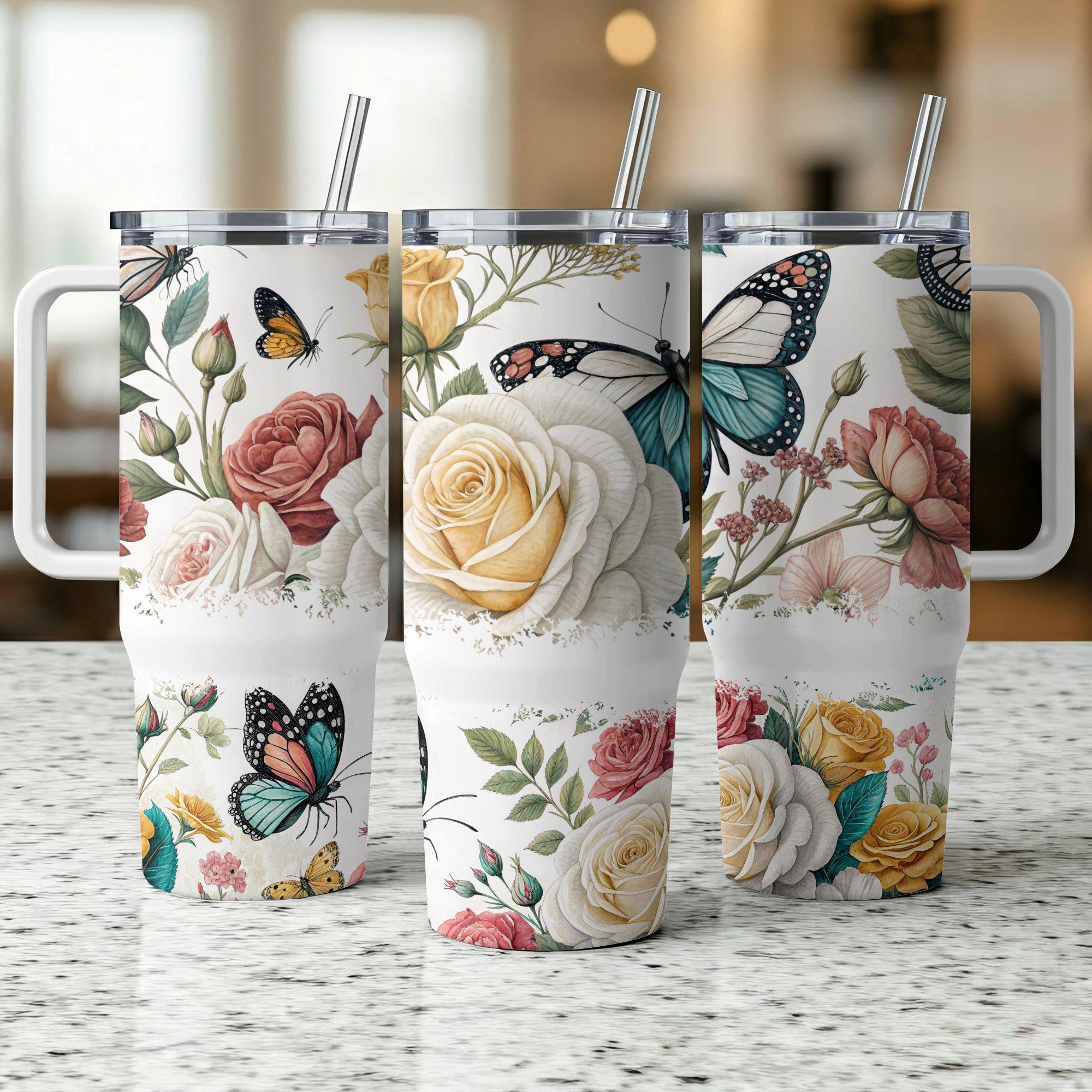 Boho Flowers 40 oz Tumbler Wrap, Butterfly 40 oz Tumbler PNG, Floral 40oz Sublimation Tumbler Design, 40oz Tumbler Template, Vintage Floral