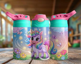 May include: Three reusable water bottles with a unicorn design. The bottles are turquoise and pink with a rainbow unicorn and stars on a light blue background.