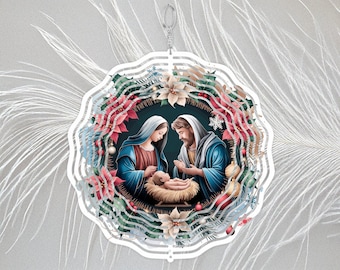Molinillo de viento de la Natividad de Navidad Sublimación PNG, Arte de decoración de adornos navideños, Descarga digital festiva, Diseño de nacimiento sagrado