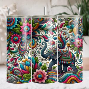 Embroidered Elephant 20 oz Skinny Tumbler Sublimation Design Digital Download PNG DIGITAL ONLY, Embroidery Mandala Elephant Tumbler Wrap