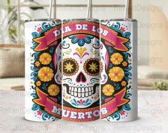 DIA De Los MUERTOS Vintage Halloween Sugar Skull 20oz Skinny Tumbler Wrap, Diseño de sublimación, PNG, Arte floral colorido, Tradición mexicana