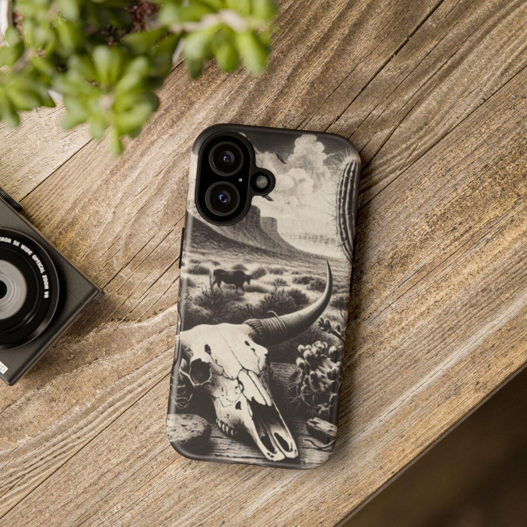 Phone Case iPhone 16, 16 Pro & 16 Pro Max. Longhorn Desert Skull Tough