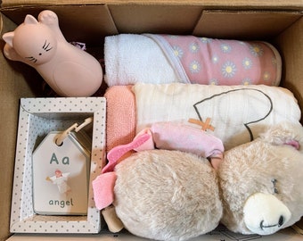 Christian Baby Girl gift box. Handmade Baby Gift Set, Newborn/Baby Christian themed with swaddle and ABC Bible Ring Flash Cards. Great gift!
