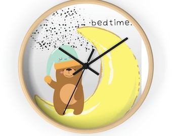 Tick tock kid's wall clock.  Perfect gift for nursery, boy or girl. Bear on the moon and it's bedtime. Neutral décor. Unique Gift.