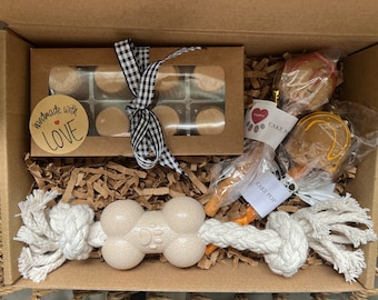 New Puppy Gift Box - New Dog Owner - Dog Care Package - Dog Birthday - Dog Toy, Dog Treats - Chew and Munch all Homemade/all Sustainable
