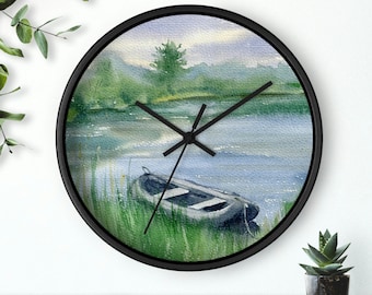 Beautiful, unique nature inspired, Canoe and lake scene wall clock. Stylish in any décor. Great gift. One-of a-kind design. Unique Décor