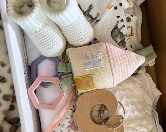 Newborn Gift Box, Organic Cotton Baby Clothes, Rattle & Booties