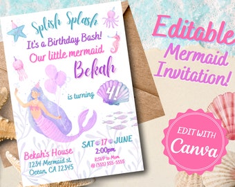 May include: Editable mermaid birthday party invitation featuring a purple and pink mermaid illustration, balloons, and seashells. The text reads "Splish Splash It's a Birthday Bash! Our little mermaid Bekah is turning 4!" and includes details for the party, such as the date, time, location, and RSVP information.